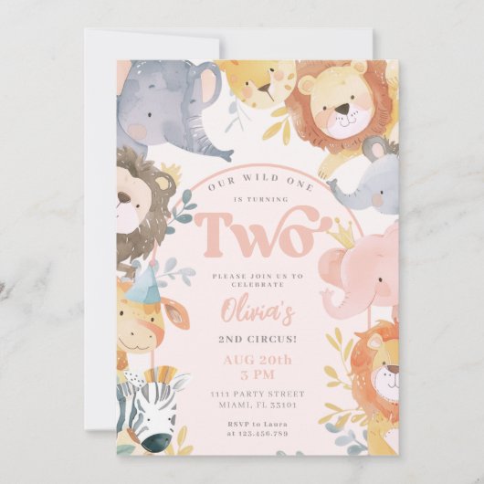 Wild Animals Roze Twee Meisje Foto Verjaardag Kaart (Voorkant)