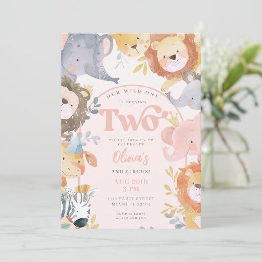 Wild Animals Roze Twee Meisje Foto Verjaardag Kaart (Staand voorkant)