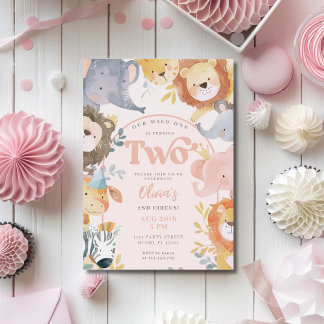 Wild Animals Roze Twee Meisje Foto Verjaardag Kaart