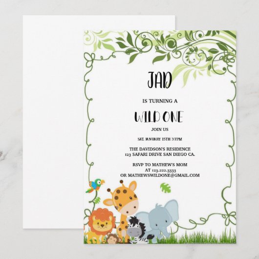 WILD ANIMALS verjaardagsuitnodigingen Kaart (Voorkant / Achterkant)
