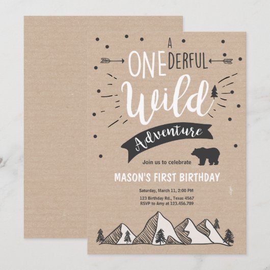 Wild avontuur Eerste verjaardagsuitnodiging één Br Kaart (Voorkant / Achterkant)