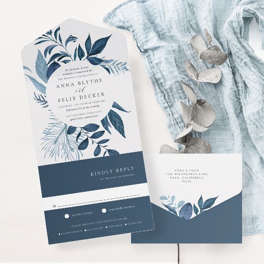 Wild Azure Blue Botanical Lijst Wedding All In One Uitnodiging