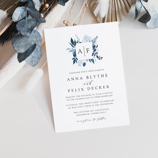 Wild Azure Monogram Wedding Invitation Kaart