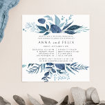 Wild Azure Rehearsal Dinner Invitation | Vierkant Kaart<br><div class="desc">Onze uitnodiging voor het diner Wild Azure-repetitie in een uniek vierkant formaat lijsten je plechtige repetitie en feestelijke details met een boven- en ondergrens van de winterbladerbladeren en bladeren in ijzige tinten blauw.</div>