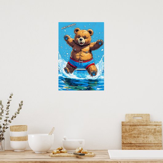 Wild Bear Summer Vintage Pool  Poster (Keuken)