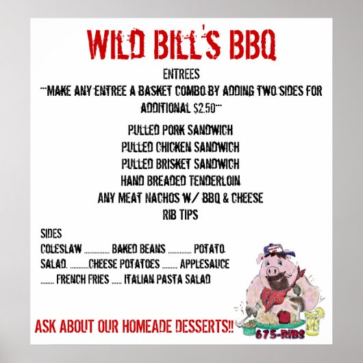 WILD BILL'S BBQ MENU POSTER (Voorkant)