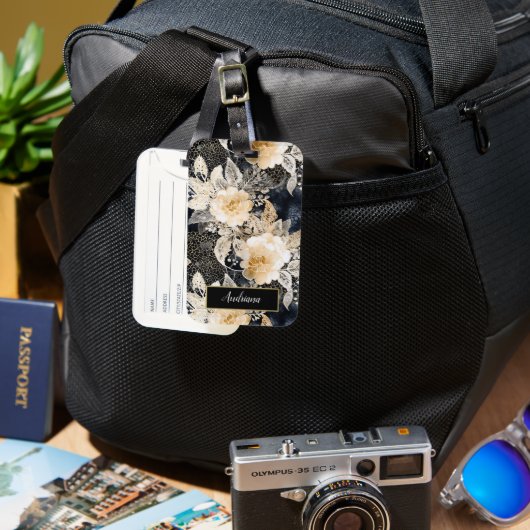 Wild Black Cream Leopard Animal Floral Bagagelabel (Voorkant & Achterkant)