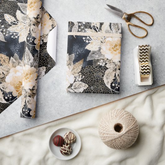 Wild Black Cream Leopard Animal Floral Cadeaupapier (Crafts)