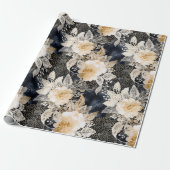 Wild Black Cream Leopard Animal Floral Cadeaupapier (Uitgerold)