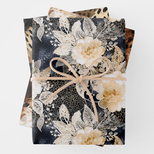 Wild Black Cream Leopard Animal Floral Inpakpapier Vel (In situ)