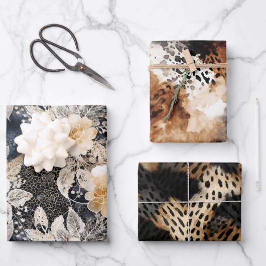 Wild Black Cream Leopard Animal Floral Inpakpapier Vel (Voorkant)