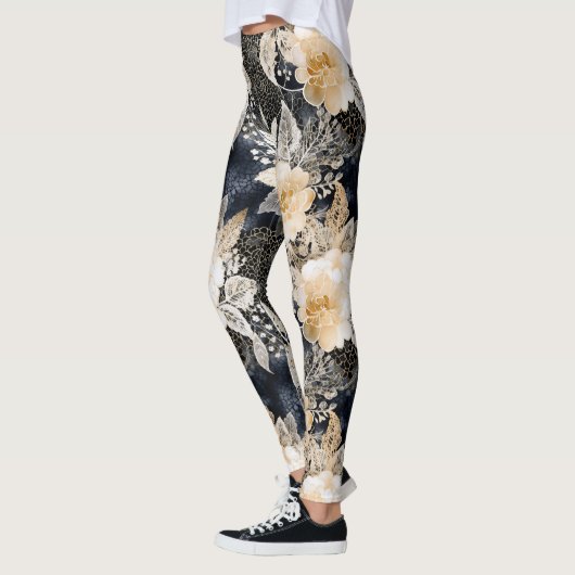 Wild Black Cream Leopard Animal Floral Leggings (Links)