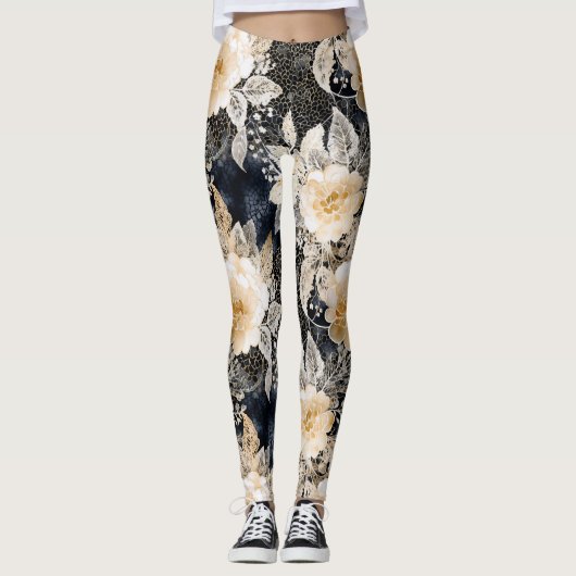 Wild Black Cream Leopard Animal Floral Leggings (Voorkant)