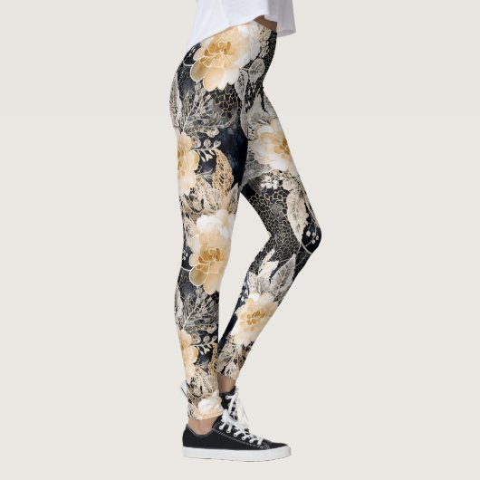 Wild Black Cream Leopard Animal Floral Leggings (Rechts)