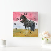Wild Black Horse Mustang in Field Clock Vierkante Klok (Huis)