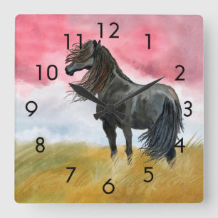 Wild Black Horse Mustang in Field Clock Vierkante Klok