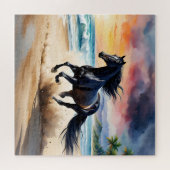 Wild black stallion galloping legpuzzel (Horizontaal)
