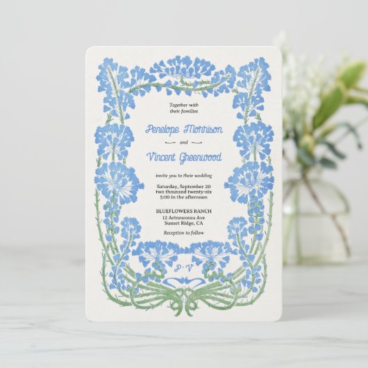 Wild Blauwe Bloemen Letterpress Stijl Trouwen Kaart (Staand voorkant)