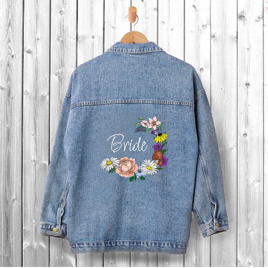 Wild Bloemen Bloemen Blauw Paddenstoelen Bruiloft Denim Jacket