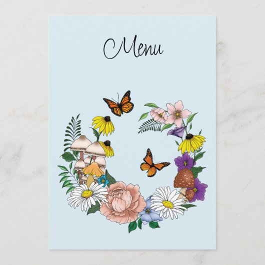 Wild Bloemen Bloemen Blauw Paddenstoelen Bruiloft Menu (Achterkant)