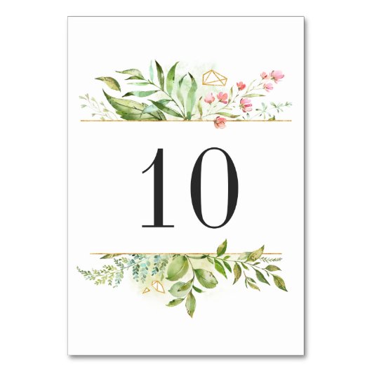 Wild Bloemen Groen Bladerblad Waterverf Tafelnumme Kaart (Voorkant)