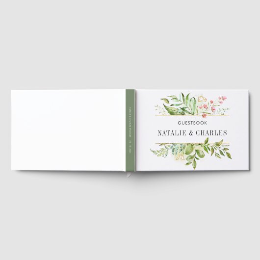 Wild Bloemen Groen Bladerdak Waterverf Bruiloft Gastenboek (Volledig)