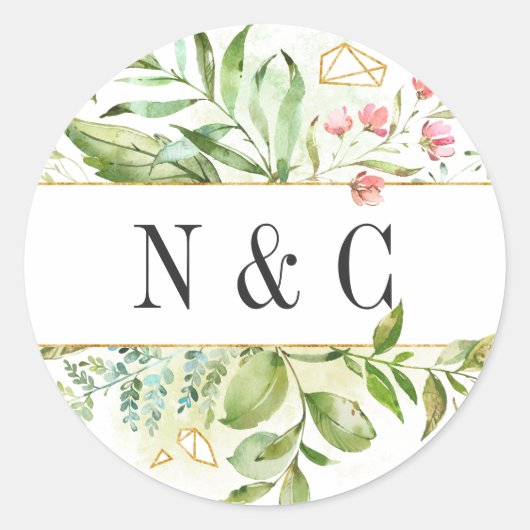 Wild Bloemen Groen Bladerwerk Waterverf Monogram Ronde Sticker (Voorkant)