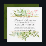 Wild Bloemen Groen Bladgroen Zoet Zestien Party Kaart<br><div class="desc">Een mooie Sweet Sixteen Party Invitation Kaart met waterverf wilde groen gebladerte met roze bloemen. Voor meer geavanceerde aanpassing van dit ontwerp,  klikt u op de knop "Aanpassen" hierboven! Overeenkomende objecten zijn ook beschikbaar.</div>