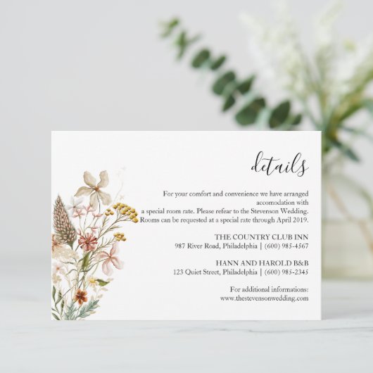 Wild bloom bloemenbruiloft Details kaart (Staand voorkant)