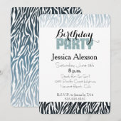 Wild Blue Black Zebra Verjaardag Glitter Party Kaart (Voorkant / Achterkant)