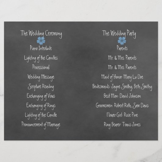 Wild Blue Rozen Chalkboard Folded Wedding Programm (Achterkant)