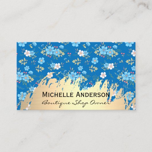 Wild Blue White Flowers | Goud metaal geborsteld Visitekaartje (Voorkant)