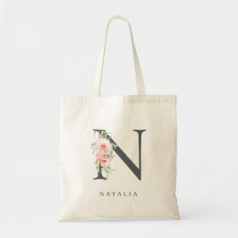 Wild Blush Botanical Floral Letter N Monogram Tote Bag