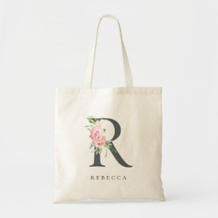 Wild Blush Botanical Floral Letter R Monogram Tote Bag