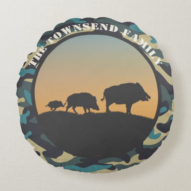 Wild Boar en Camo Rond Kussen (Voorkant)