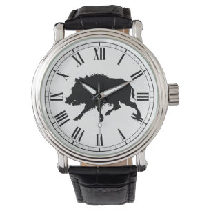 Wild Boar in Black Silhouette Hunting Man Horloge