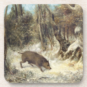 Wild Boar in de sneeuw, getekend als Courbet (nep) Bier Onderzetter