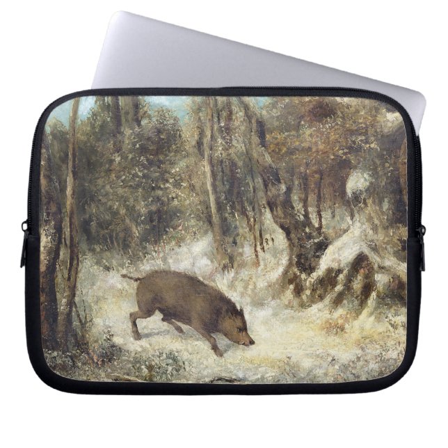 Wild Boar in de sneeuw, getekend als Courbet (nep) Laptop Sleeve (Voorkant)