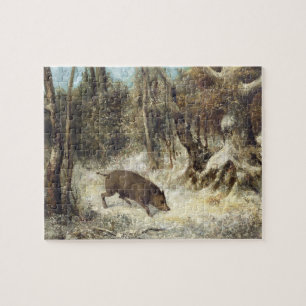 Wild Boar in de sneeuw, getekend als Courbet (nep) Legpuzzel