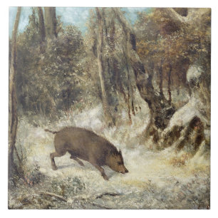 Wild Boar in de sneeuw, getekend als Courbet (nep) Tegeltje