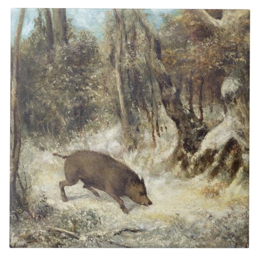 Wild Boar in de sneeuw, getekend als Courbet (nep) Tegeltje (Voorkant)