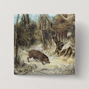 Wild Boar in de sneeuw, getekend als Courbet (nep) Vierkante Button 5,1 Cm