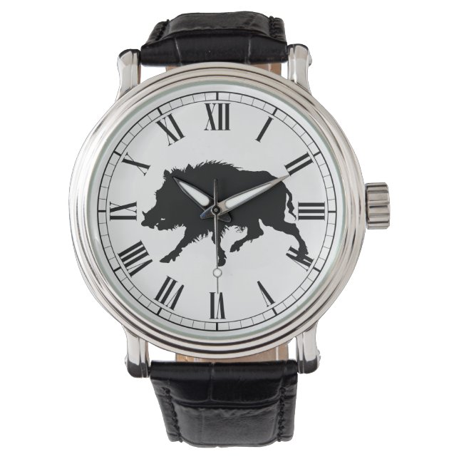 Wild Boar in zwart Silhouet Jacht Man Horloge (Voorkant)