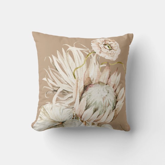 Wild Boho Protea Pampas Grass Floral Beige Kussen (Voorkant)