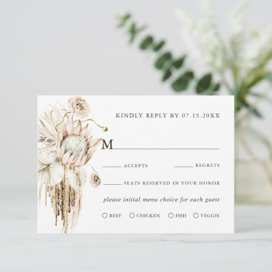 Wild Boho Protea Pampas Grass Floral Wedding RSVP (Staand voorkant)