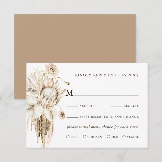 Wild Boho Protea Pampas Grass Floral Wedding RSVP Kaartje (Voorkant / Achterkant)