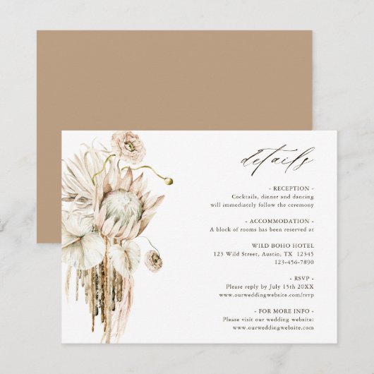 Wild Boho Protea Pampas Grass Wedding Details Informatiekaartje (Voorkant / Achterkant)