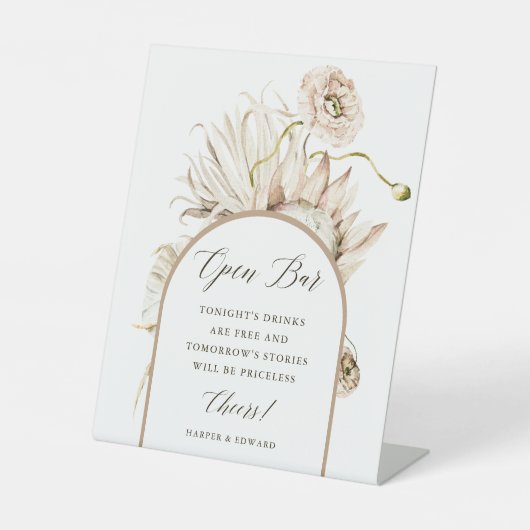 Wild Boho Protea Pampas Grass Wedding Open Bar Reclamebord Met Voetstuk (Voorkant)