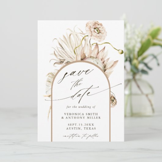Wild Boho Protea Pampas Grass Wedding Photo Save The Date (Staand voorkant)