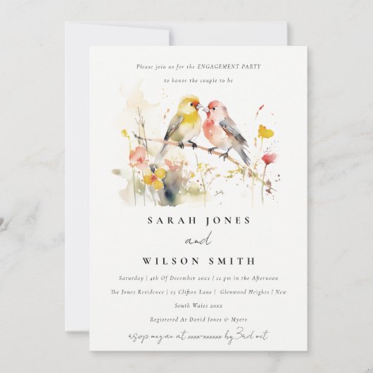 Wild Botanical Waterverf Tortelduifjes Verloving Kaart (Voorkant)